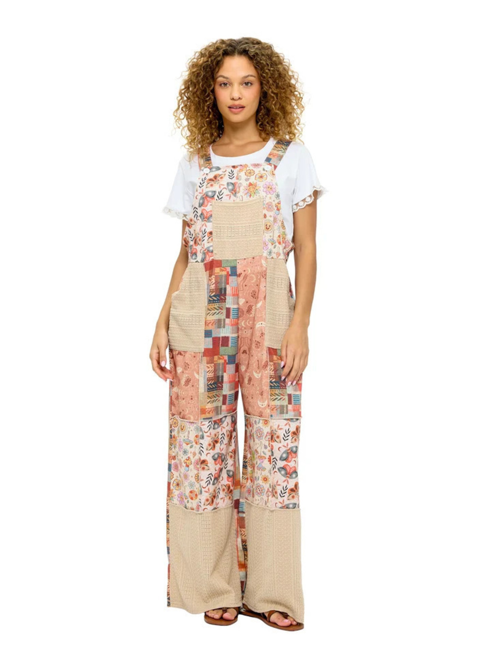 26824 | Yak & Yeti Boho Whimsical Print Patchwork Overalls | Sizes S/M-L/XL